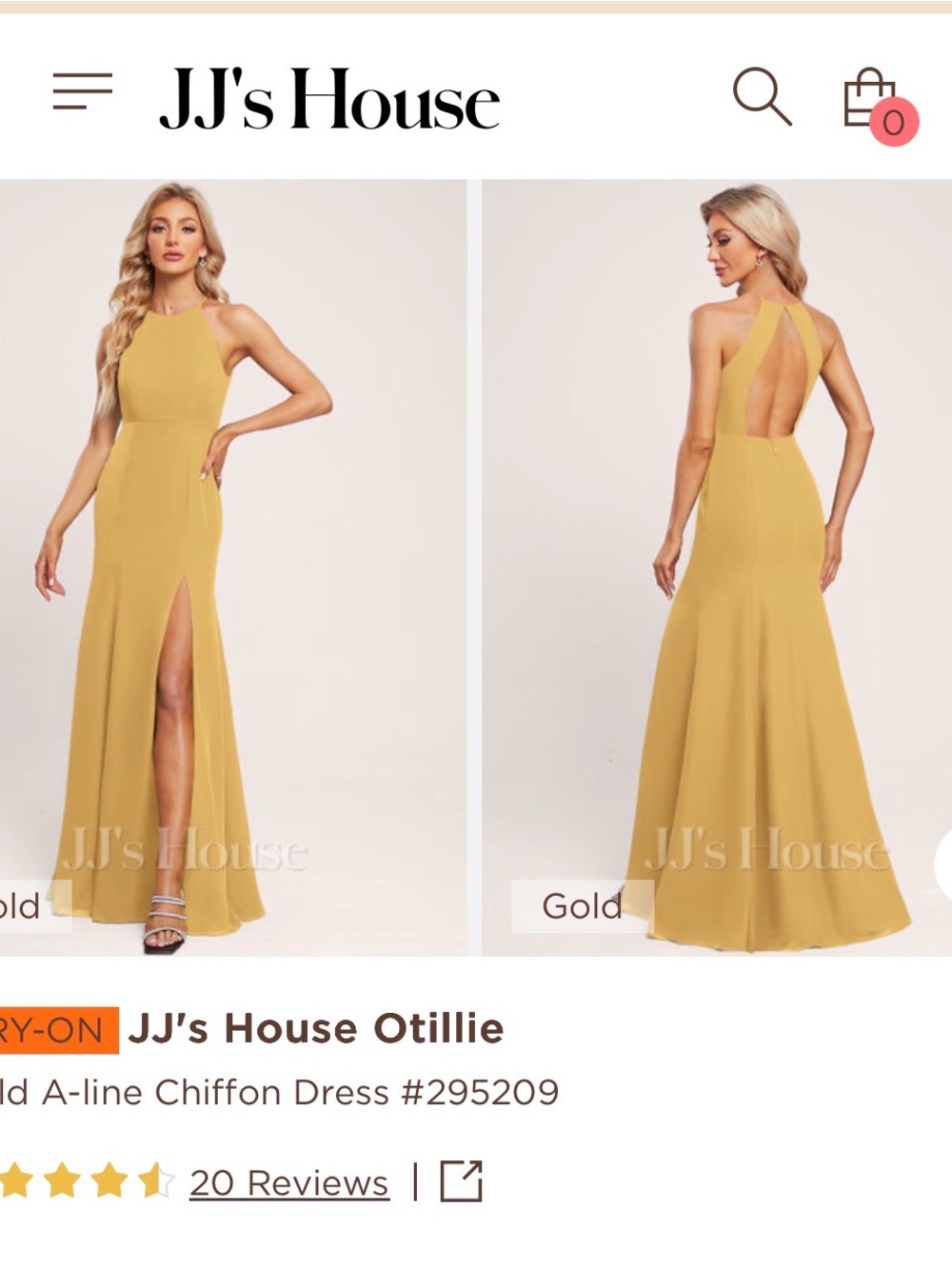 JJs House Gold Halter-Back A-Line Chiffon Gown